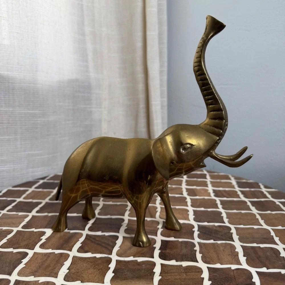Vintage Brass Elephant Figurine Trunk Up Good Luck Boho Decor Medium 9